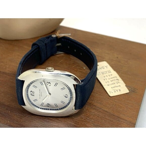 Favre Leuba Unisex Watch Vintage Swiss Mechanical Silver Dial Blue Leather Band - Picture 7 of 13